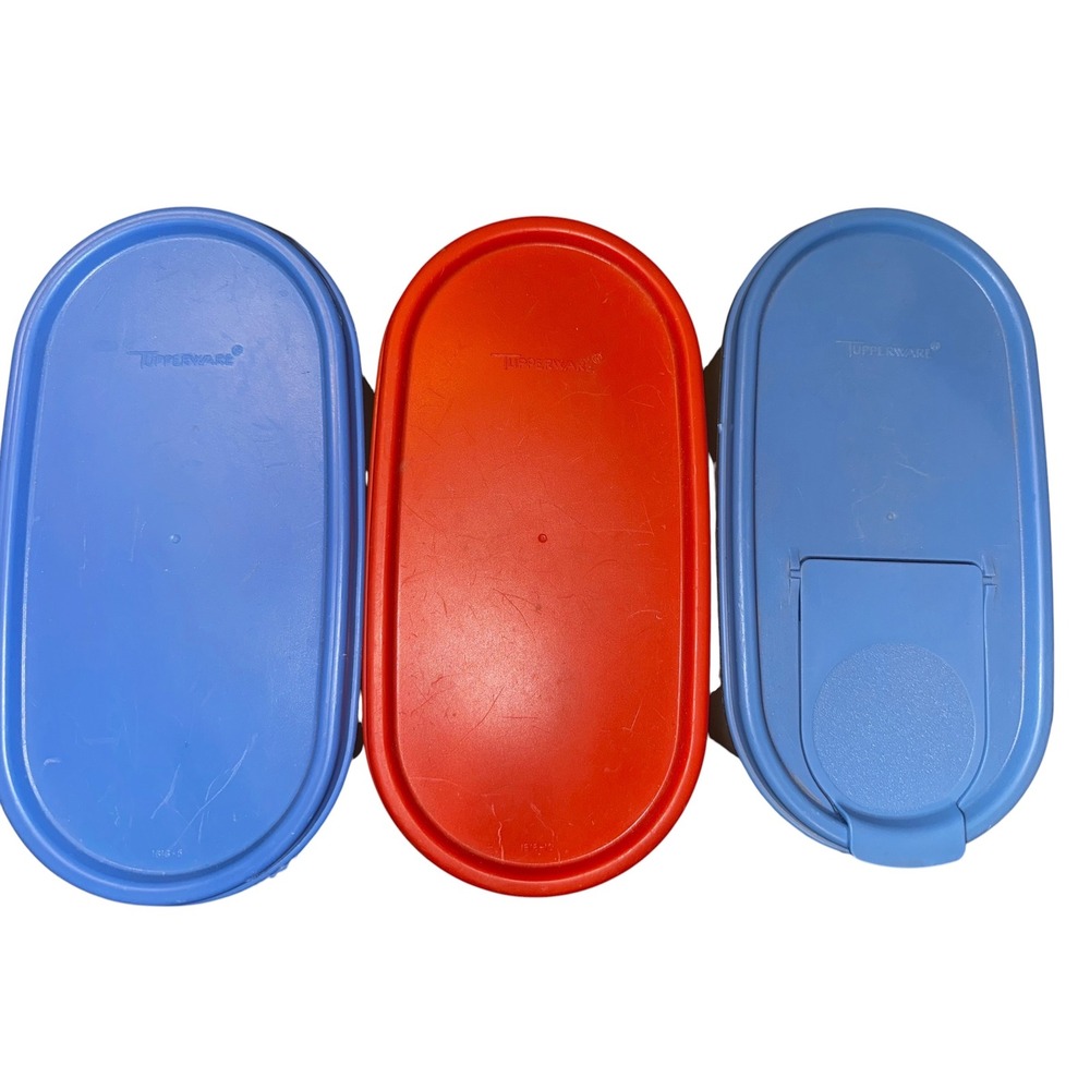 Vintage Tupperware MCM Modular Mates 4 Piece Set Clear Red Blue Yellow Lids - Picture 3 of 7